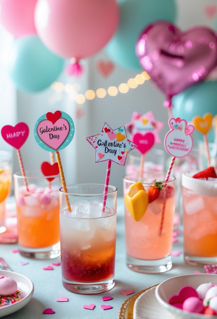 A table set for a Galentine's party with colorful personalized drink stirrers in glasses filled with vibrant drinks, surrounded by festive decorations.