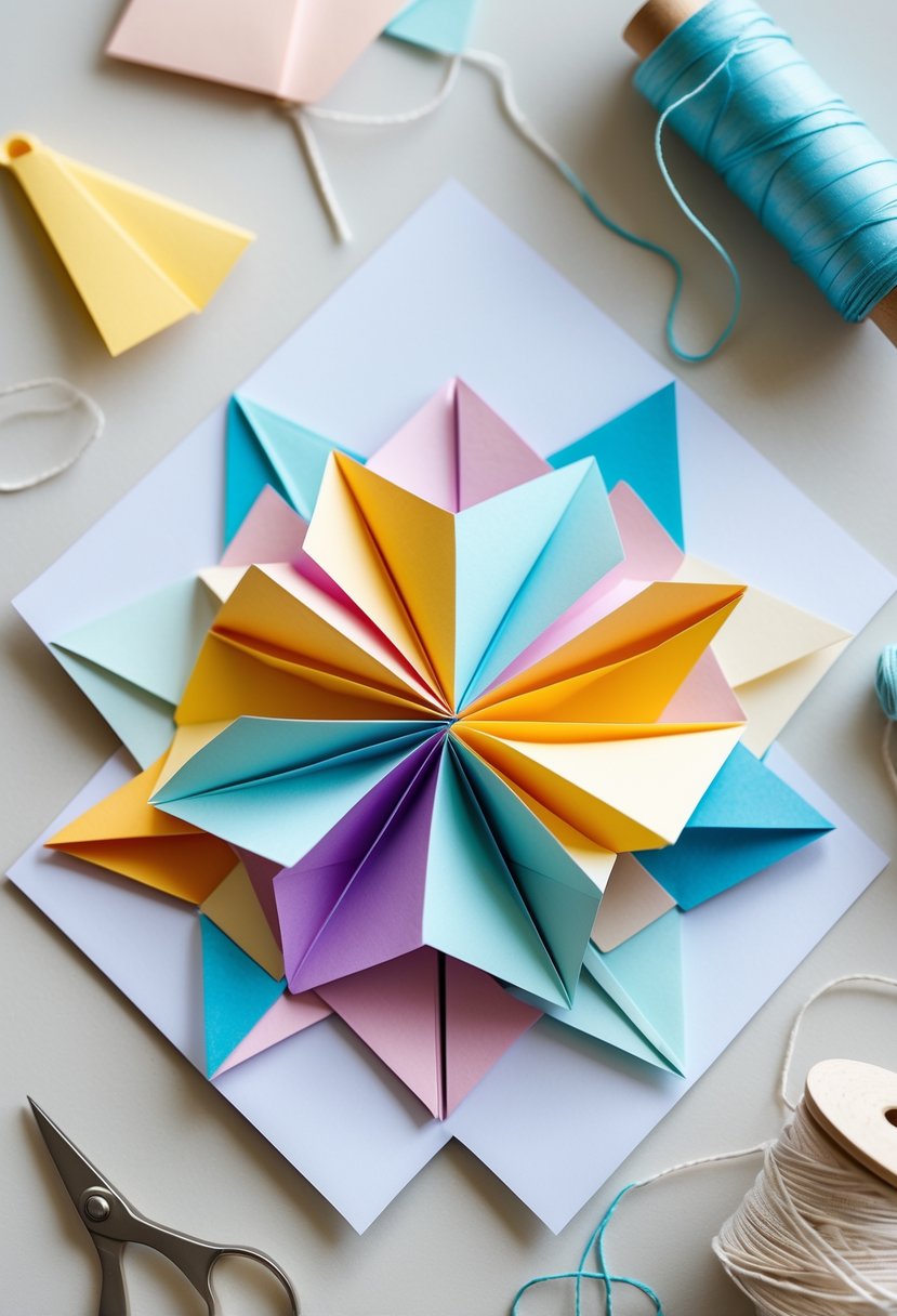 A layered origami fold card displayed on a clean surface with crafting tools nearby.