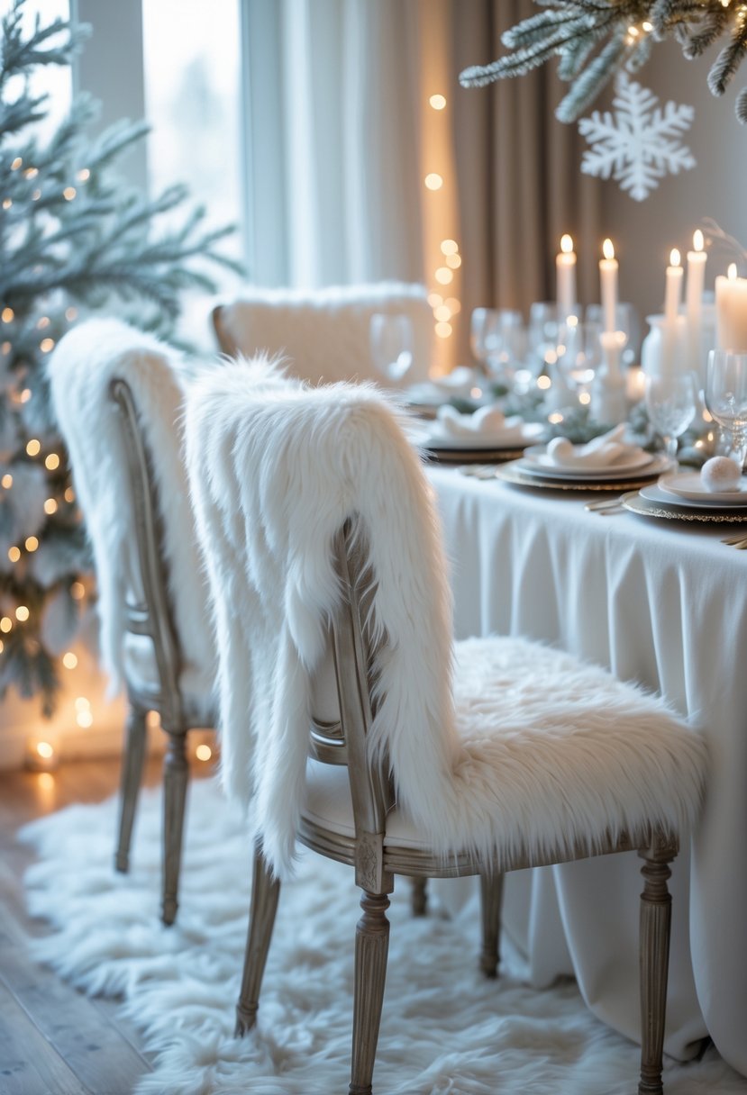 A dining area with chairs covered in white faux fur, decorated with winter-themed ornaments and soft lighting.