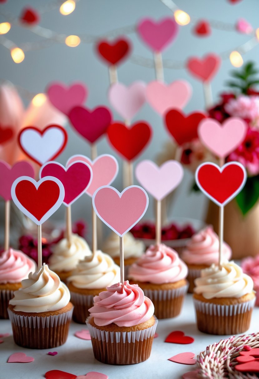 A table displaying cupcakes topped with heart-shaped decorations in red, pink, and white, surrounded by festive party decor.