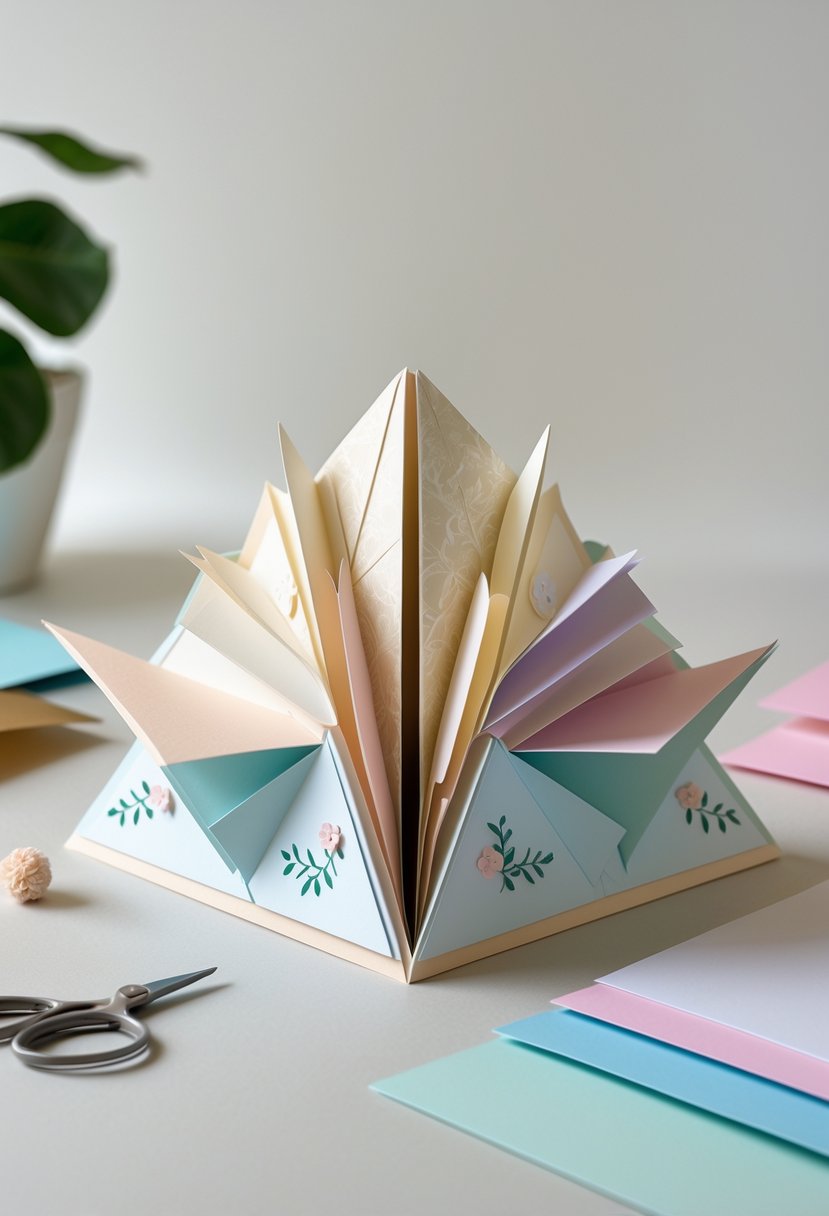 A step pyramid fold card partially open on a clean surface with crafting tools nearby.