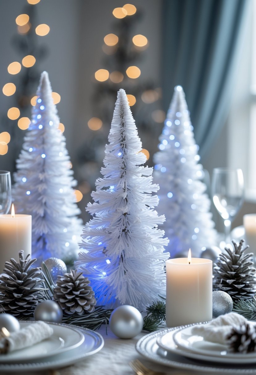 Miniature white Christmas trees with blue lights arranged as centerpieces on a decorated table.