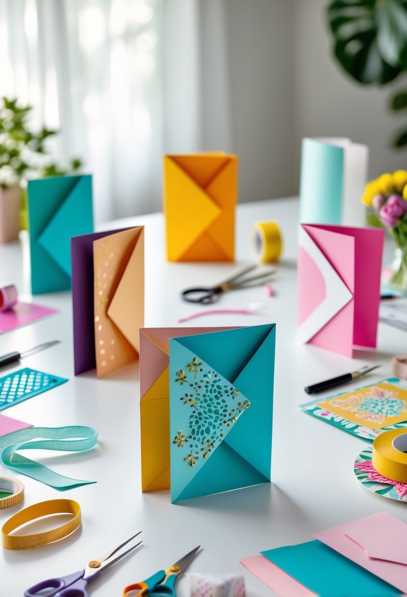 A workspace with colorful handmade folded greeting cards and crafting tools arranged on a table.