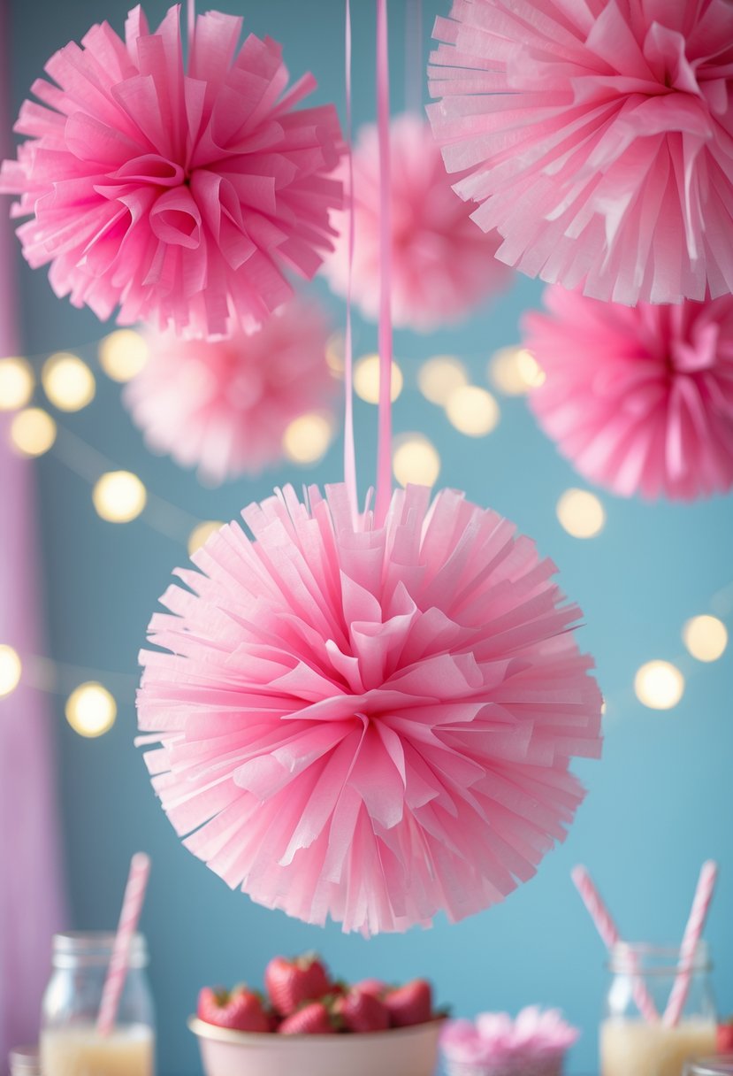 Pink tissue paper pom-poms hanging from the ceiling in a decorated indoor party space.