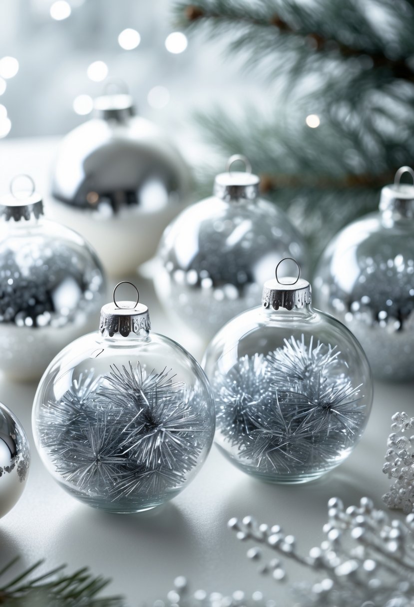 Clear glass baubles filled with silver tinsel arranged on a white surface with winter decorations in the background.