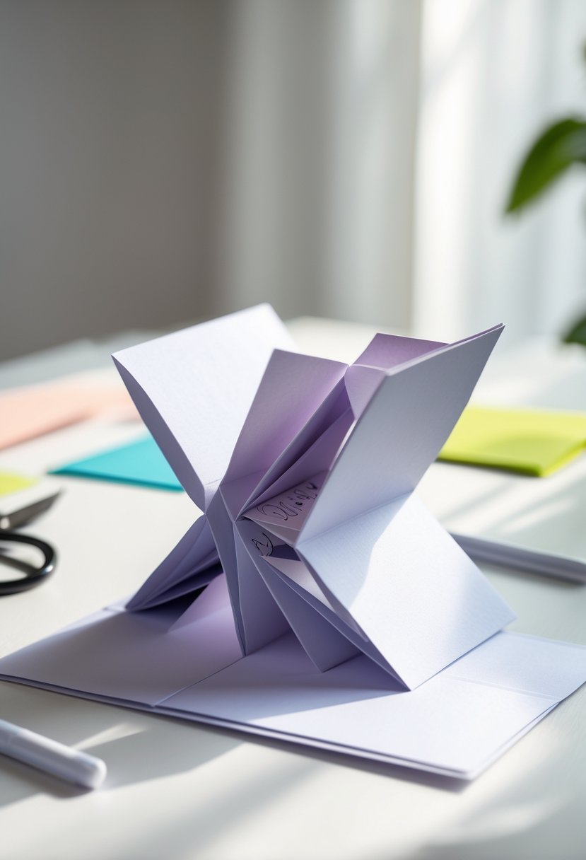 A handmade fancy fold card with an interactive pull tab partially open on a bright surface with crafting materials blurred in the background.
