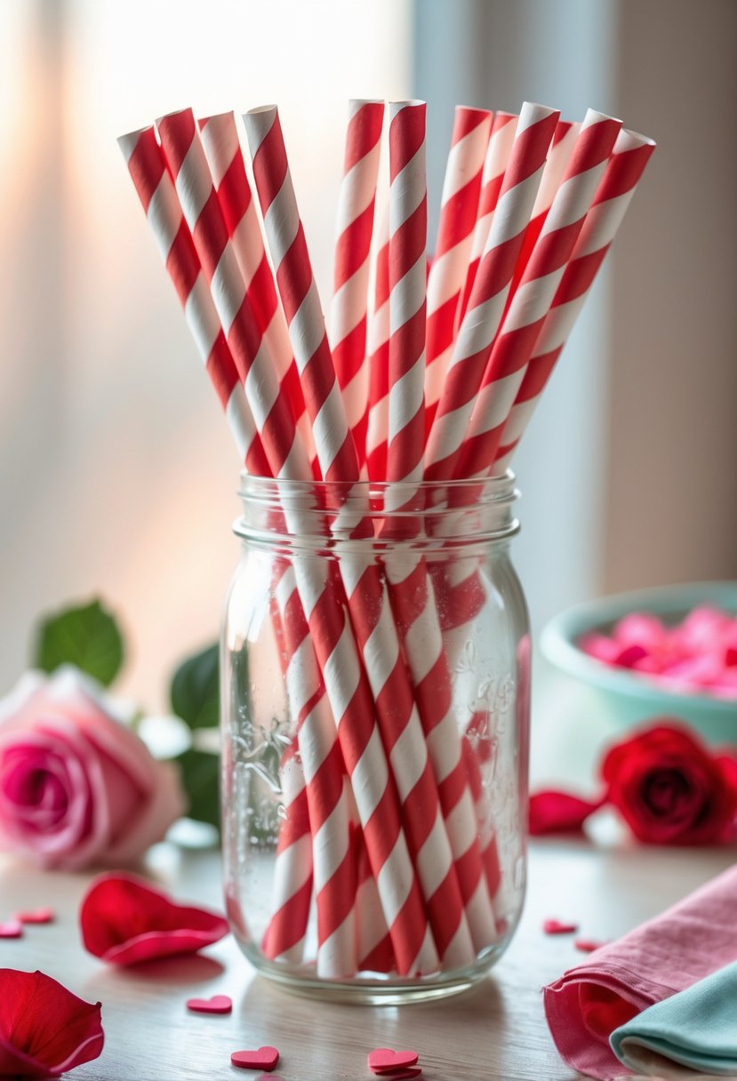 A clear jar filled with red and white striped straws on a wooden table surrounded by rose petals and heart-shaped confetti.