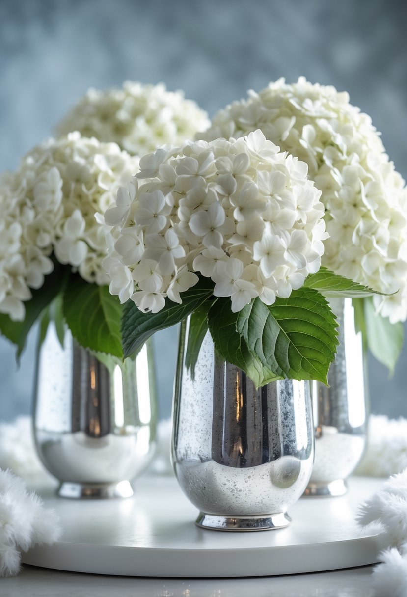 Silver mercury glass vases filled with white hydrangeas on a white surface with a soft, blurred wintery background.