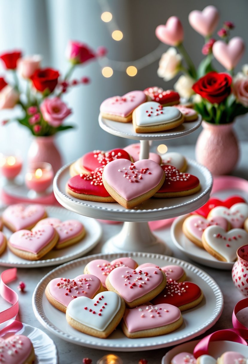 A display of heart-shaped sugar cookies decorated with pink, red, and white icing on plates and trays, surrounded by flowers and ribbons.