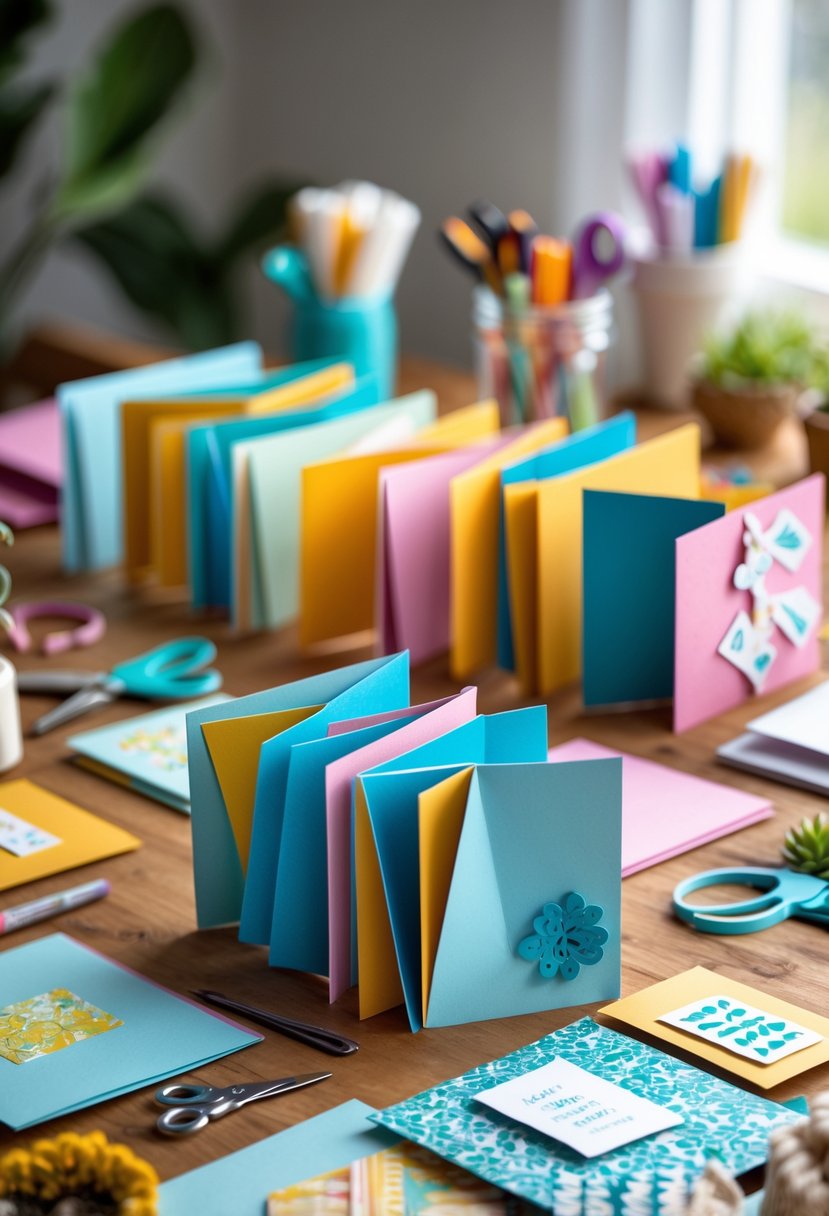 A workspace with colorful handmade fold cards and crafting tools arranged on a wooden table.