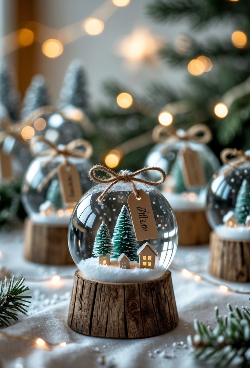 A table with snow globe party favors featuring miniature winter scenes and personalized tags, surrounded by winter decorations.