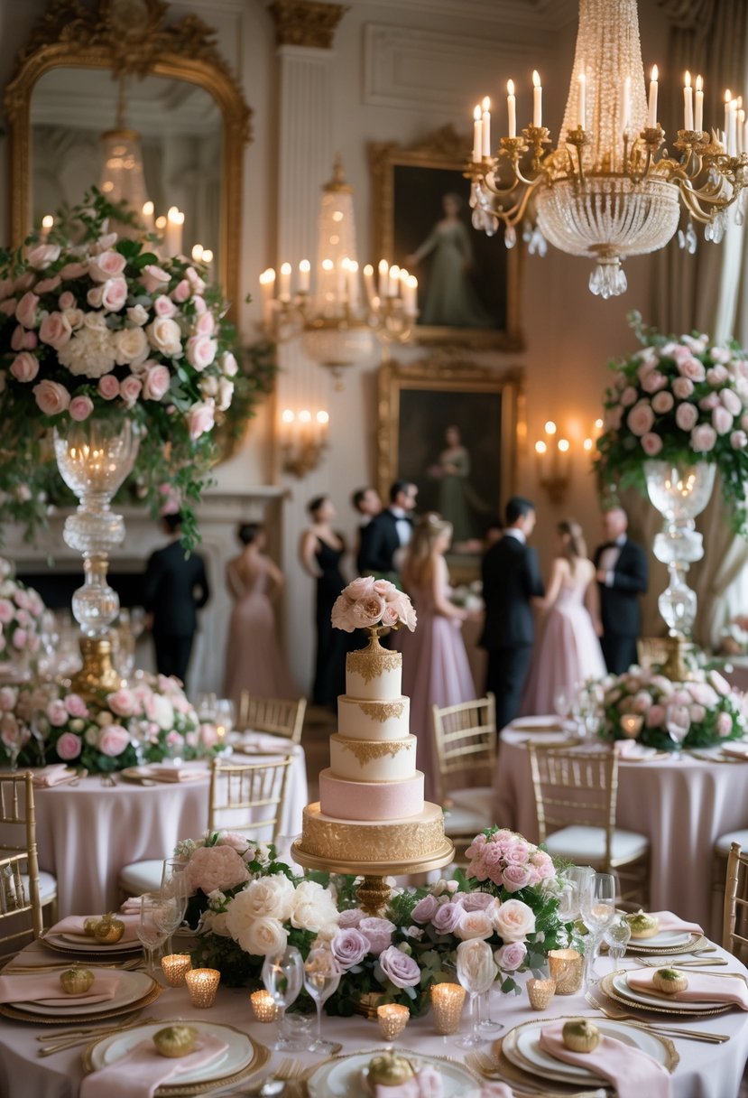 A grand ballroom decorated with floral arrangements, candles, elegant tables, and guests mingling at a formal party.