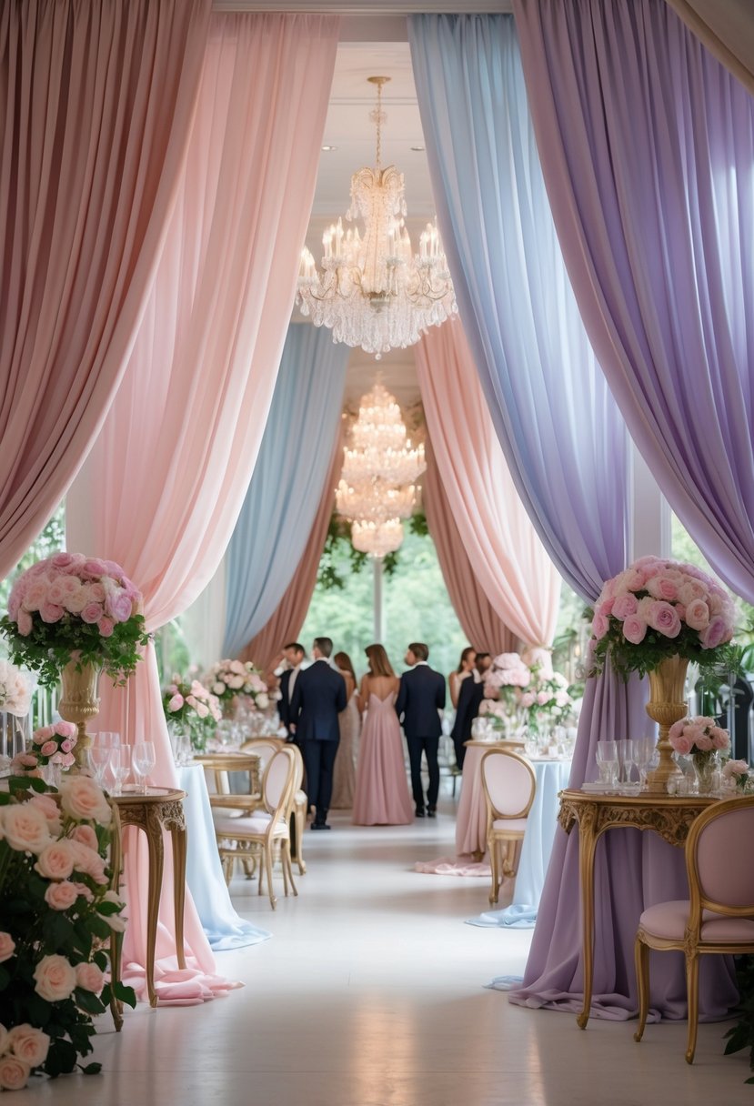 A luxurious party scene with pastel silk curtains, floral arrangements, chandeliers, and guests in elegant attire.