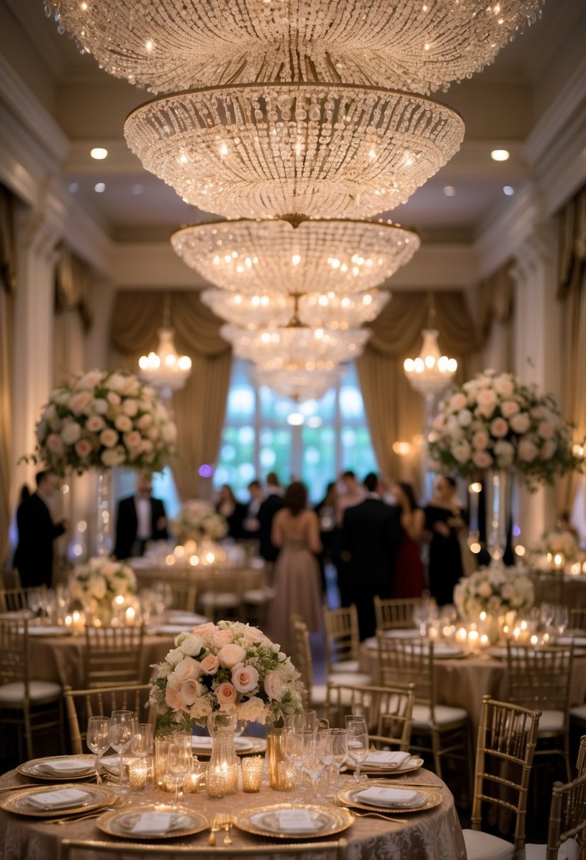 A ballroom with crystal chandeliers hanging from the ceiling, decorated tables with flowers and candles, and people socializing in elegant attire.