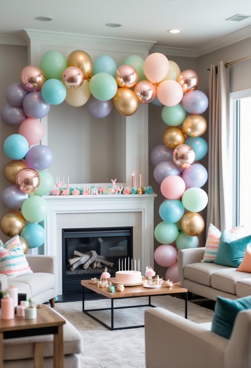 Living room decorated for a birthday party with pastel and metallic balloon garlands draped over a fireplace mantel and cozy furniture around.