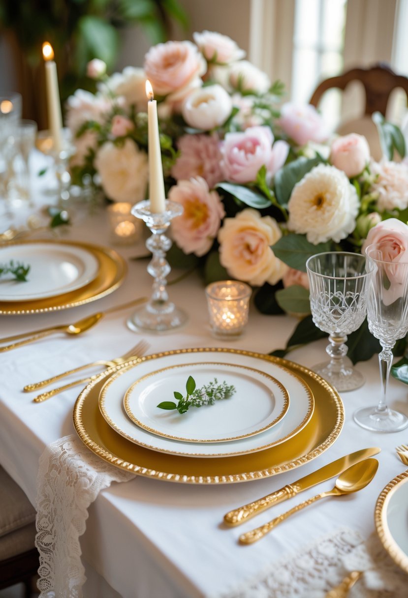 A dining table set with gold-rimmed porcelain plates, gold flatware, crystal glasses, and floral centerpieces in a softly lit room.