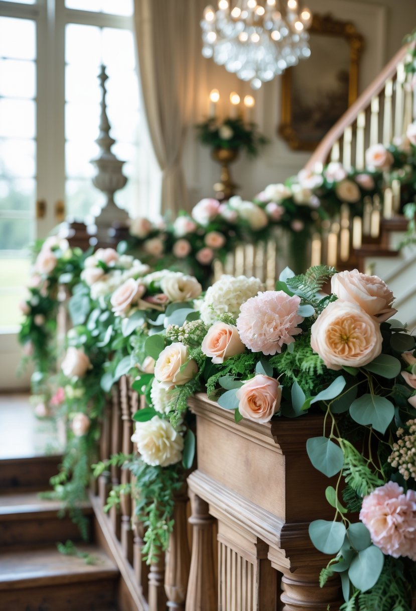 A decorated indoor space with floral garlands draped over a wooden mantel and staircase banister, featuring pastel flowers and greenery.