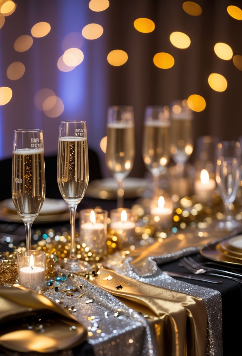 A festive table set for a New Year's Eve party with gold and silver table runners, candles, champagne glasses, and decorative confetti.
