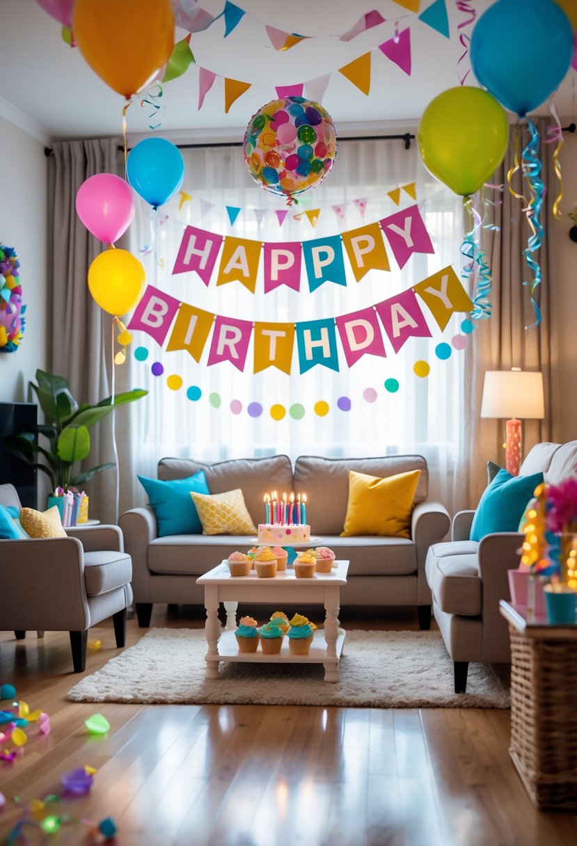 A living room decorated with a birthday banner, balloons, cupcakes, and party decorations, ready for a birthday celebration.