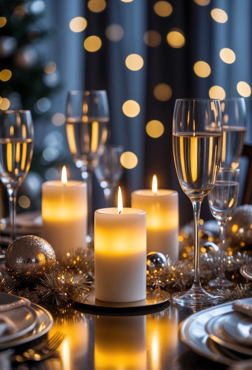 A festive table set for a New Year's Eve party with glowing LED candle centerpieces and decorative ornaments.