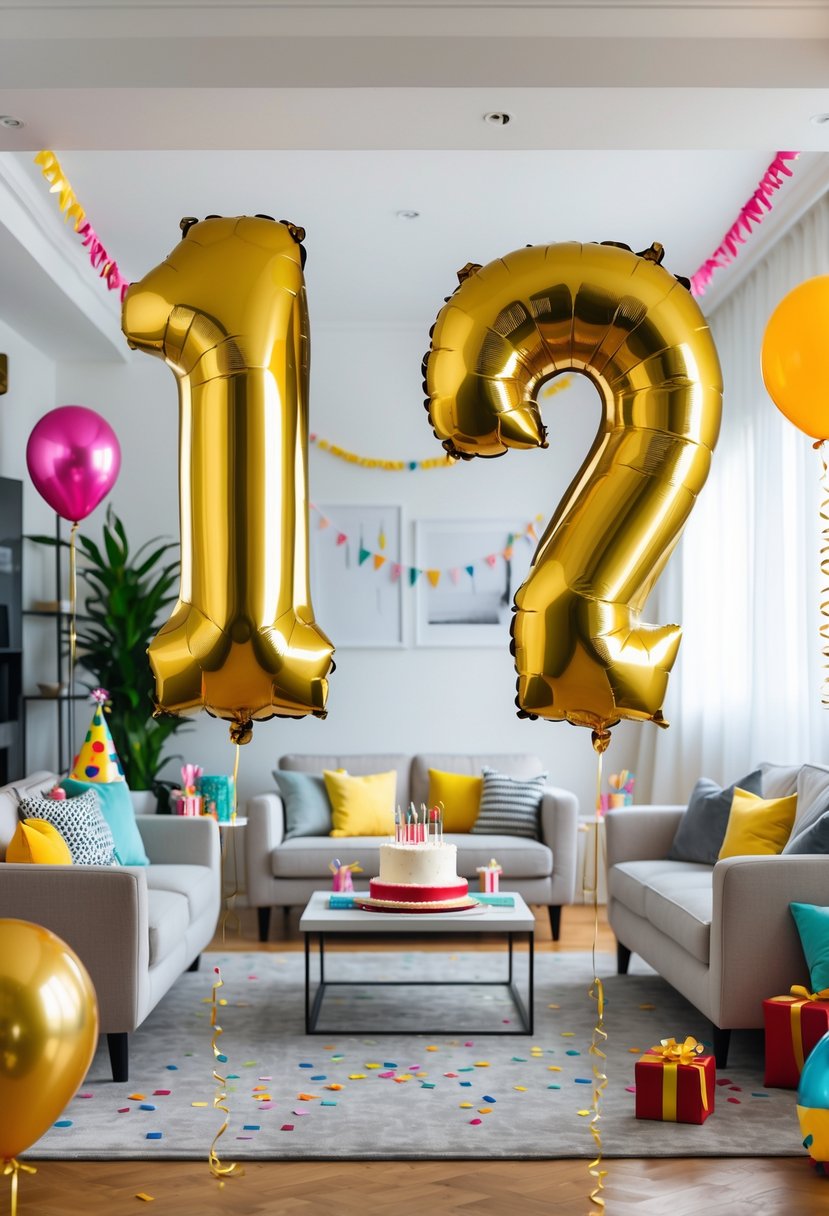 Living room decorated for a birthday party with gold foil number 17 balloons and festive decorations.
