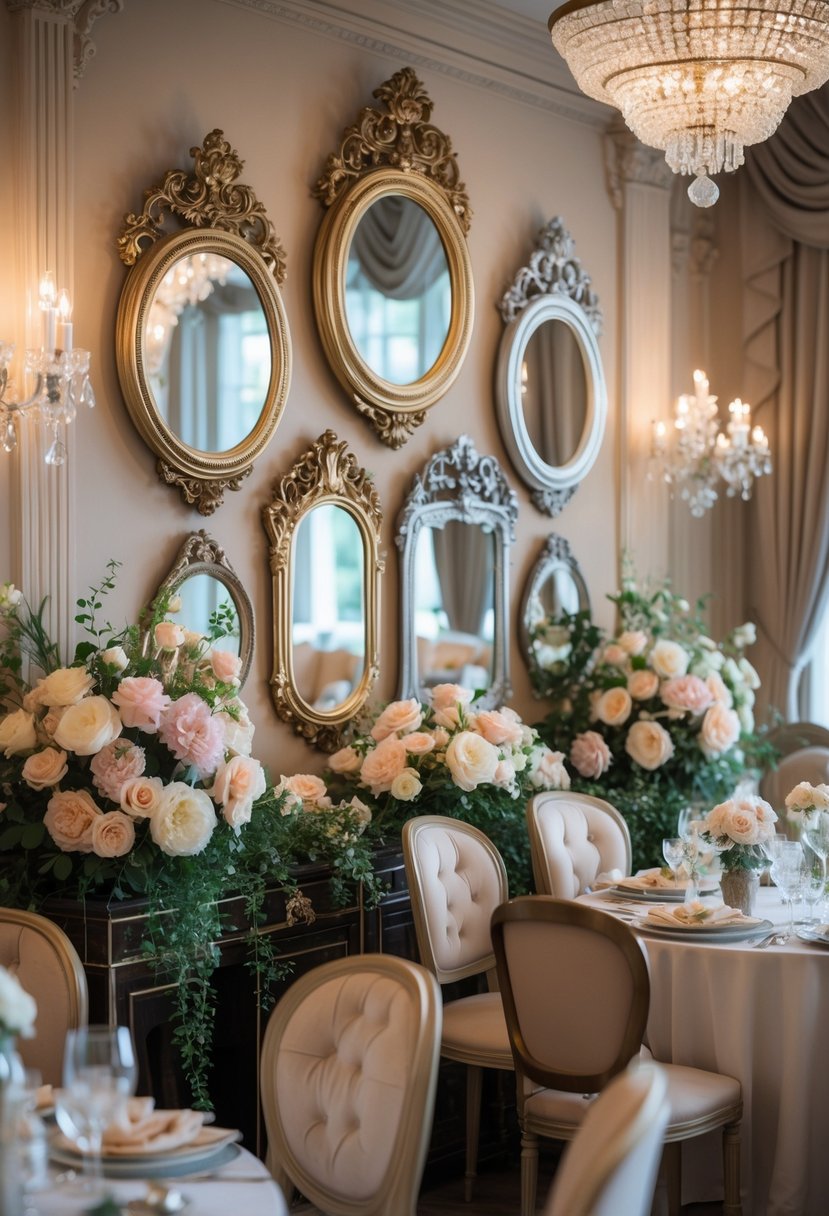 A luxurious party room with ornate mirrors, floral arrangements, chandeliers, and elegant furniture.