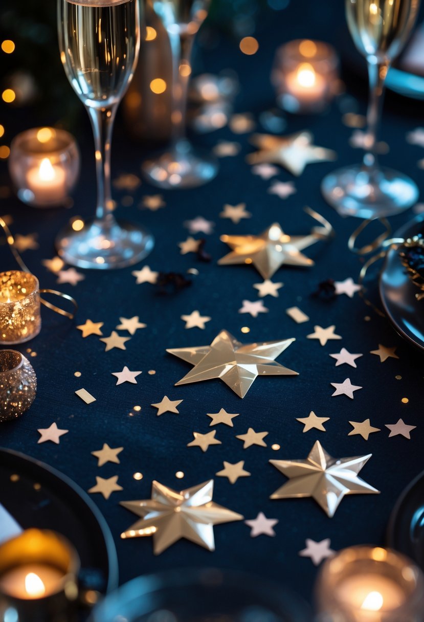 A New Year's Eve table decorated with star-shaped confetti, champagne glasses, candles, and festive party decorations.
