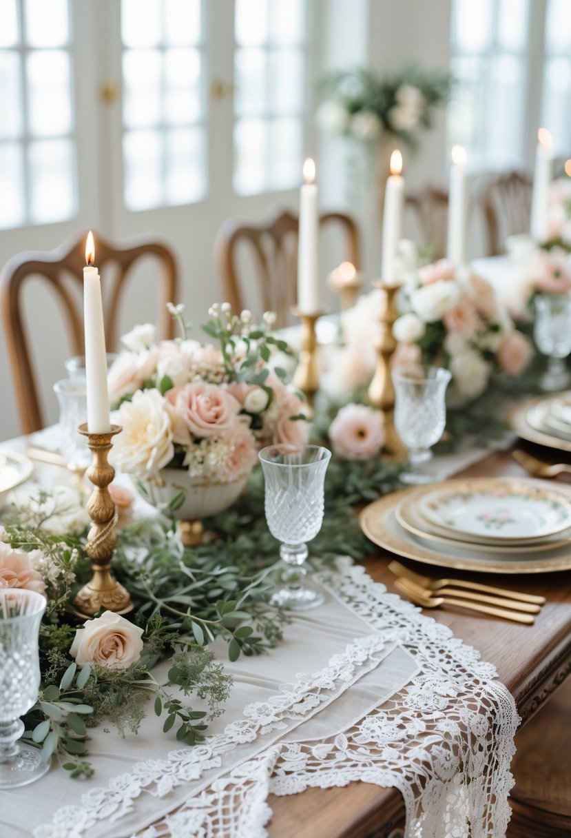 A long wooden table set with lace table runners, vintage china, crystal glasses, gold cutlery, pastel flowers, and candles in a bright room.