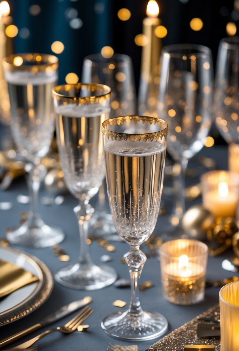 A festive table set with crystal glasses that have gold rims, surrounded by candles and party decorations.