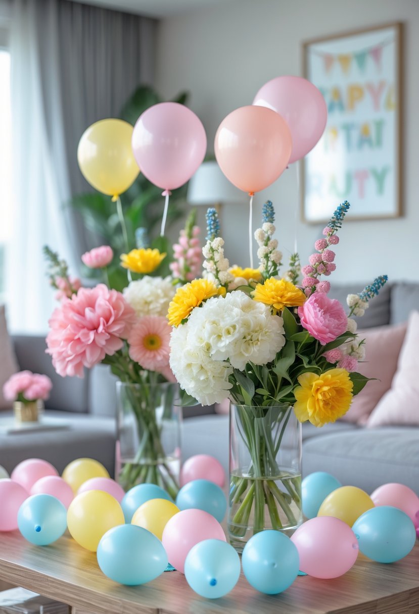 A living room table with fresh flower centerpieces and small colorful balloons arranged for a birthday party.