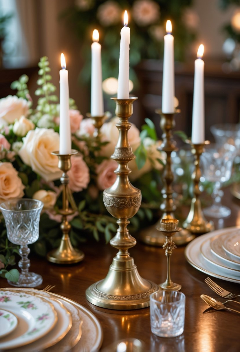 A collection of antique brass candle holders with lit white candles arranged on a wooden table surrounded by flowers and glassware.