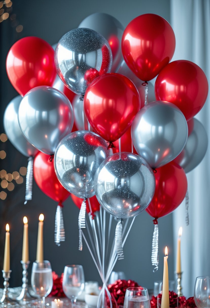 A festive table decorated with red and silver balloon bouquets, candles, and sparkling confetti for a New Year's Eve party.