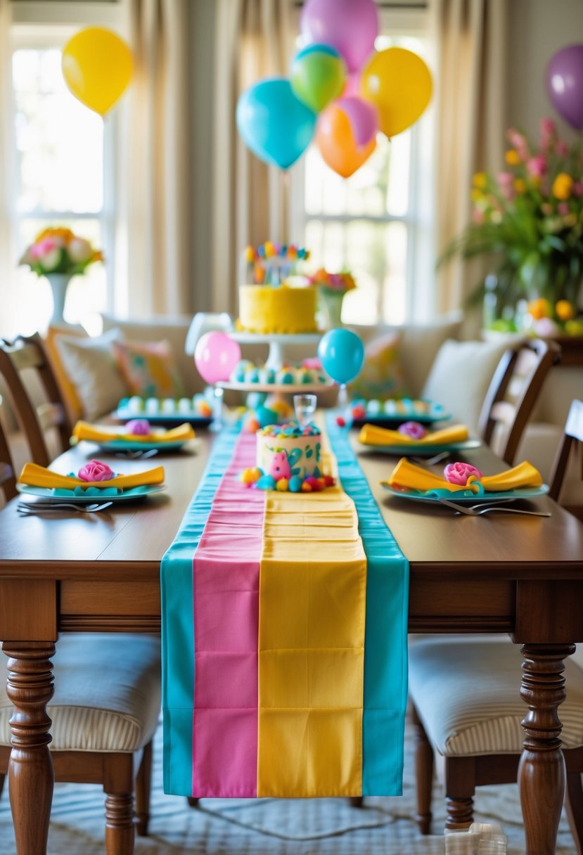 A living room birthday party setup with a wooden table featuring a color-coordinated table runner and matching napkins, decorated with balloons and flowers.