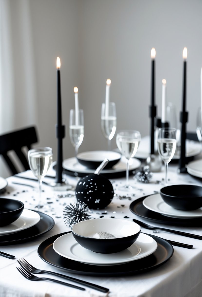 A neatly arranged black and white dinnerware set on a table decorated for a New Year's Eve party with candles and glassware.