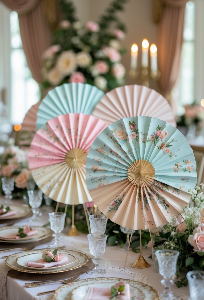 A decorated table with hand-painted fans as centerpieces surrounded by elegant table settings and floral decorations.