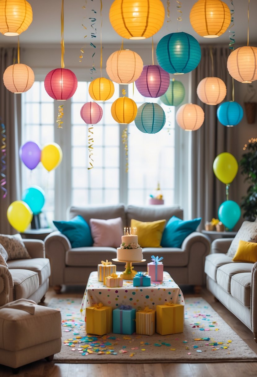 A living room decorated with hanging paper lanterns in different sizes for a birthday party.