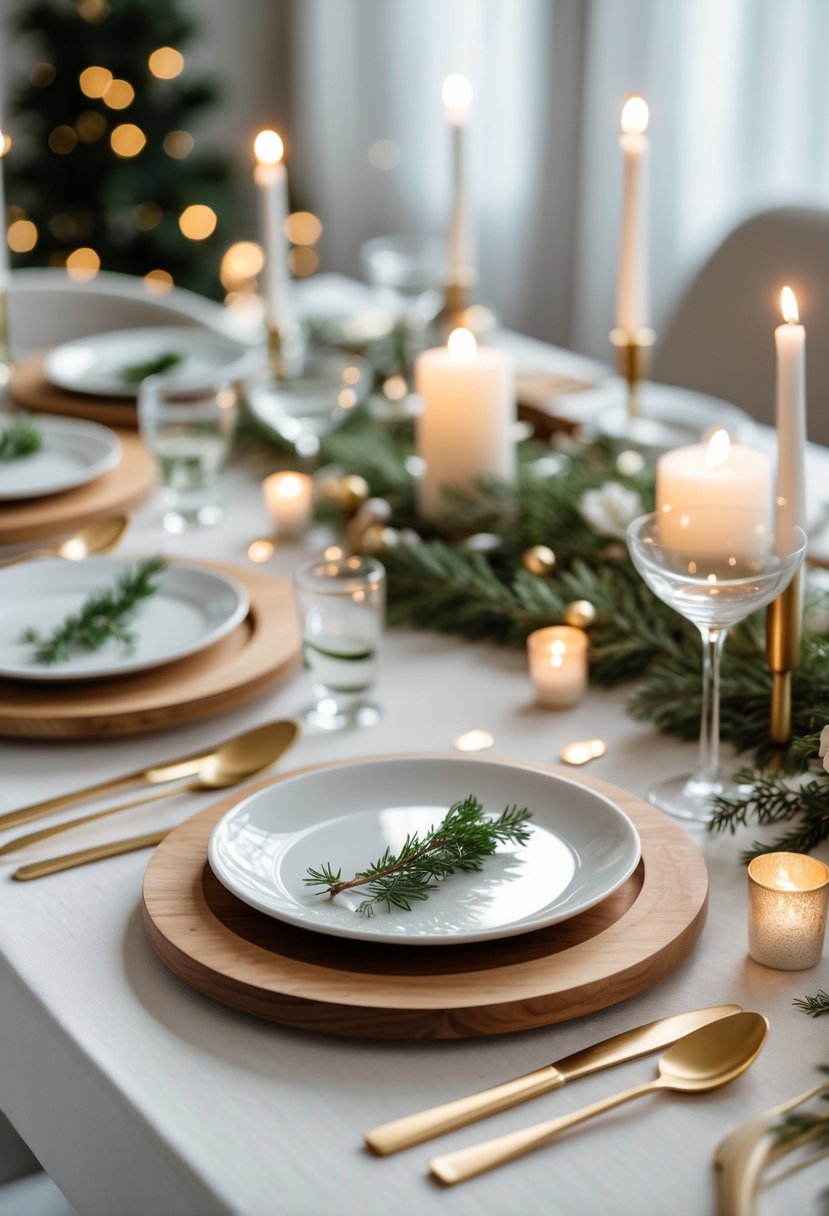 A festive table set for a New Year's Eve party with wooden chargers, white plates, candles, and greenery decorations.