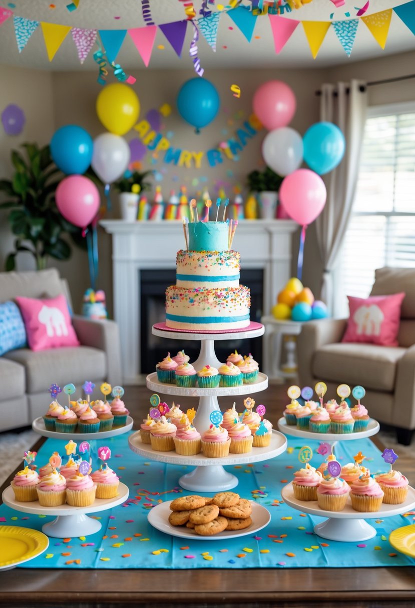 A living room birthday party setup with a decorated cake table and matching festive backdrop featuring balloons and streamers.