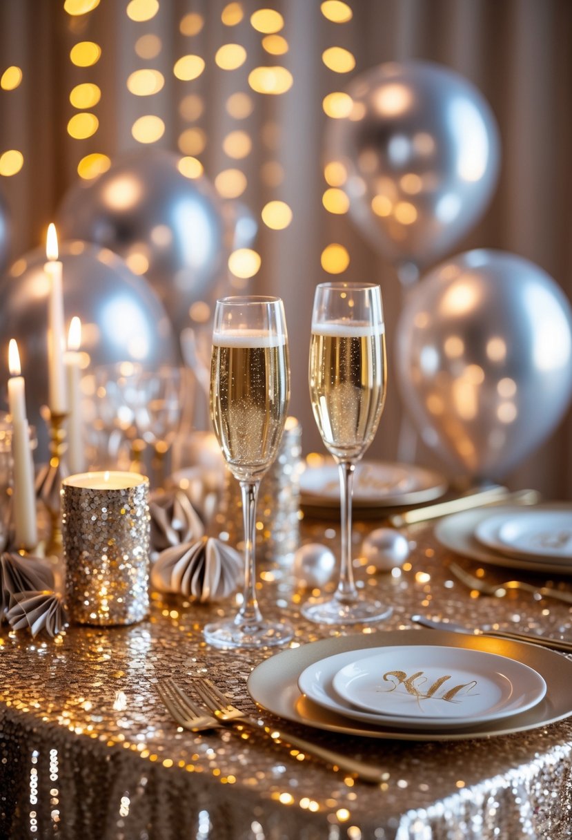 A festive New Year's Eve party table decorated with sparkling sequin tablecloths, glassware, candles, and party decorations.