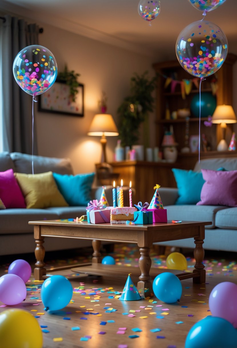 Living room decorated for a birthday party with colorful confetti-filled balloons scattered around and festive decorations on a coffee table.