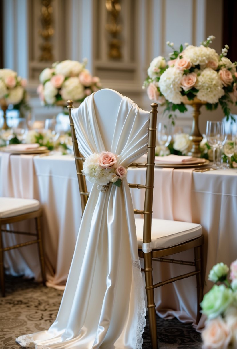 Banquet chairs covered with ivory satin fabric arranged in an elegant party setting with floral centerpieces and decorative accents.