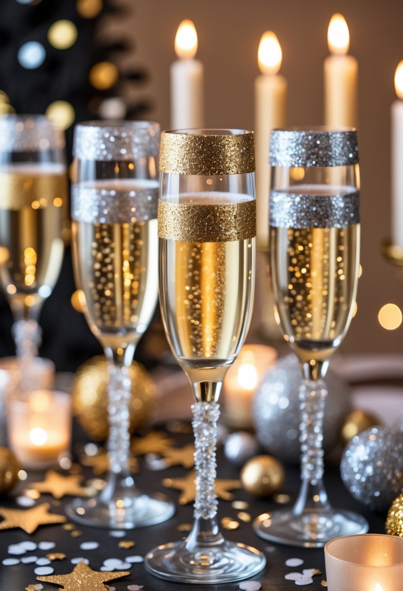 A table set for a New Year's Eve party with glittered champagne flutes filled with bubbly champagne and festive decorations.