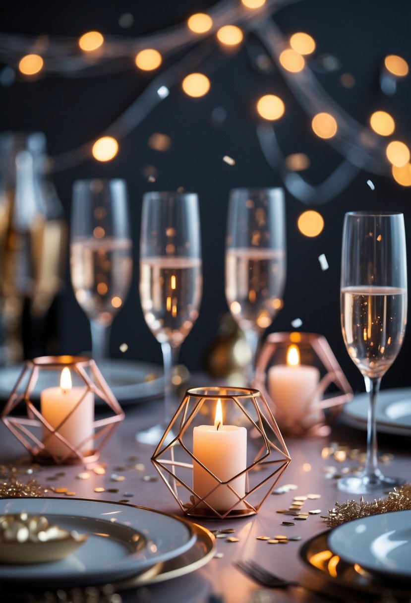 A table set for a New Year's Eve party with rose gold geometric candle holders, lit candles, and festive decorations.