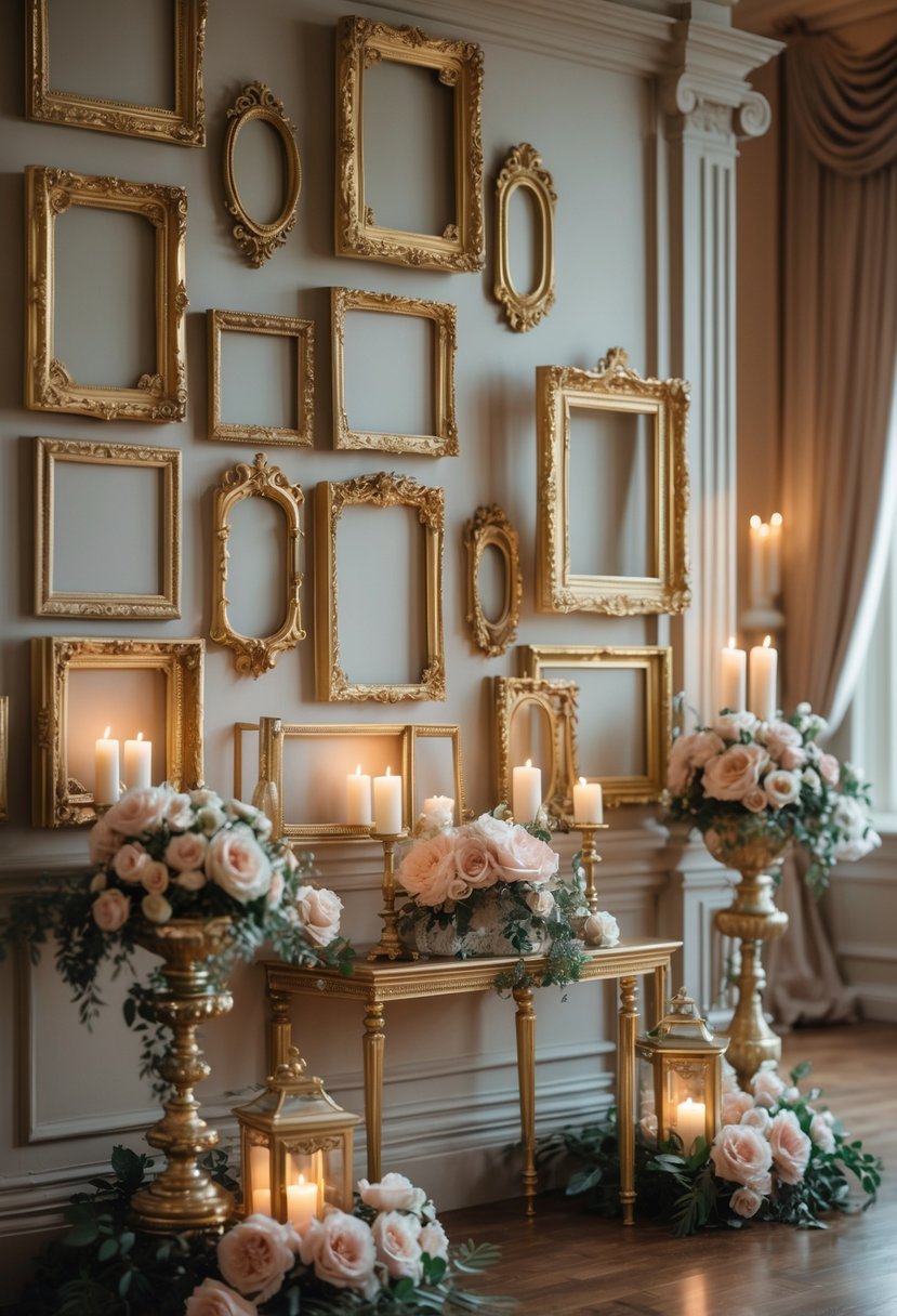 A luxurious party scene featuring multiple ornate gold frames displayed with floral arrangements and candles in an elegant room.