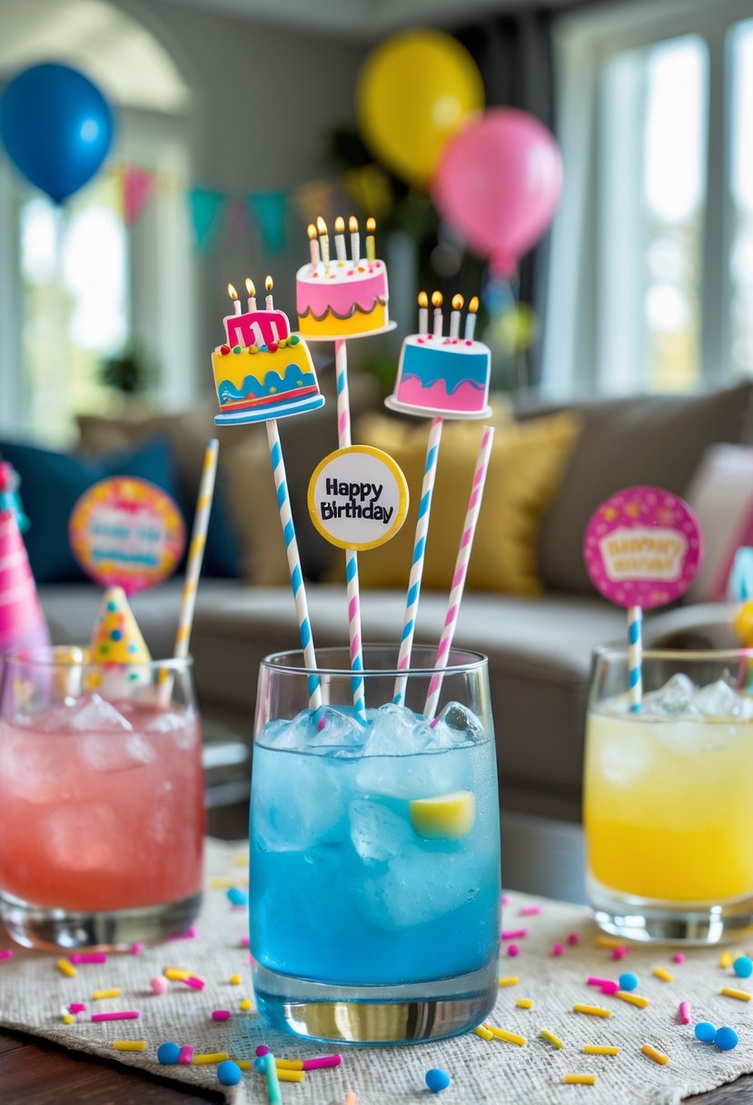 Close-up of colorful birthday-themed drink stirrers in cocktails on a living room table decorated for a birthday party.