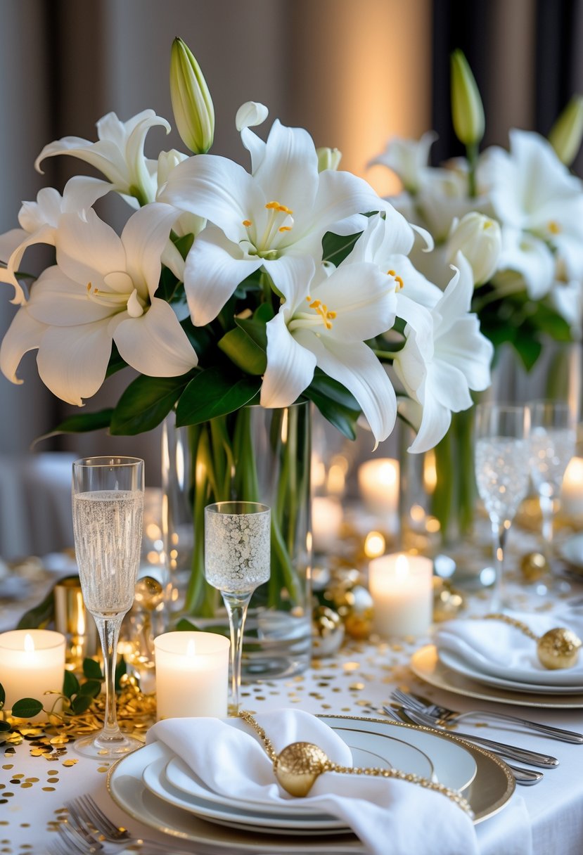 A New Year's Eve party table set with white floral centerpieces, candles, glassware, and festive decorations.