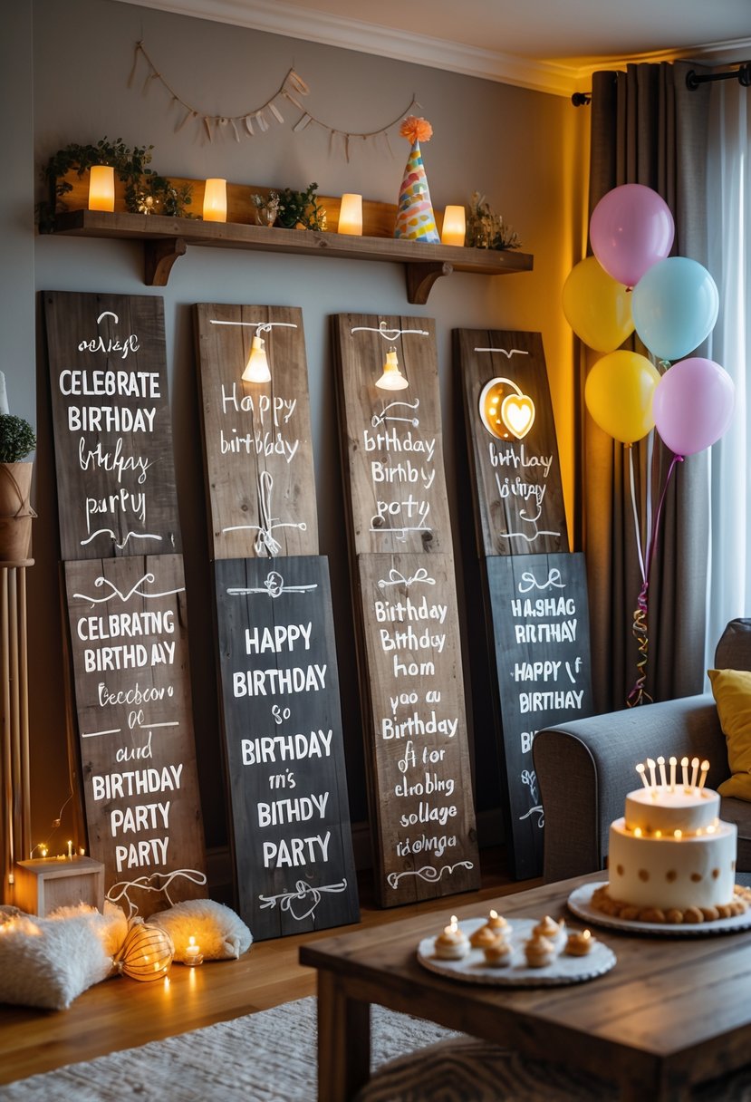 A cozy living room decorated for a birthday party with rustic wooden signboards and festive decorations like balloons and a cake.
