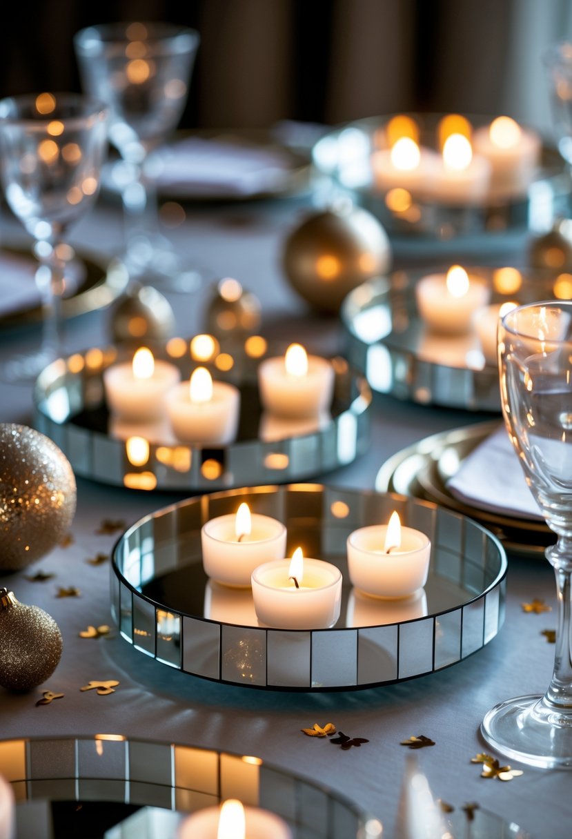 Mirrored trays with lit votive candles arranged on a decorated table for a New Year's Eve party.