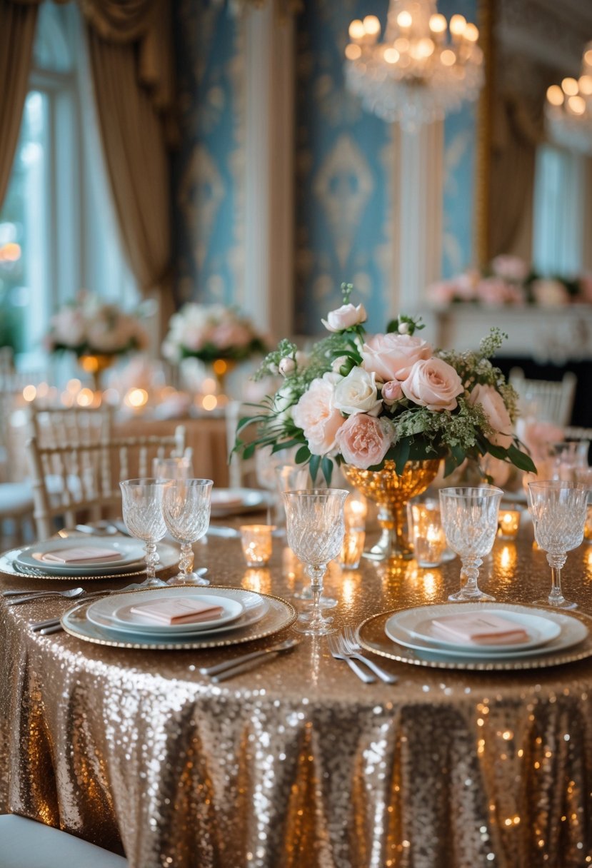 A beautifully decorated party table with sequined tablecloths, floral centerpieces, fine china, and crystal glassware in an elegant room.
