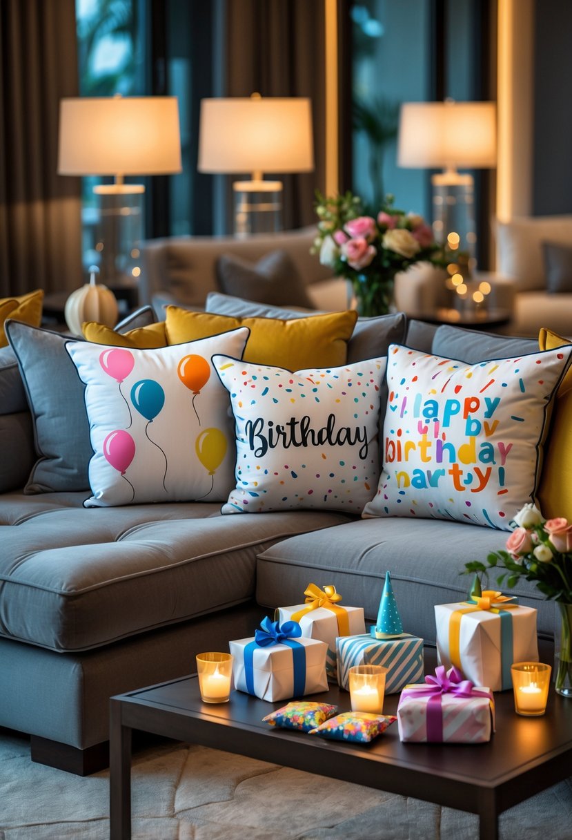 A living room with a sofa decorated with colorful throw pillows and birthday party decorations on a coffee table.